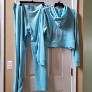 Juicy Couture Velour Crystal Blue Tracksuit 2 Pc Set Hoodie & Pants Size XL NWT